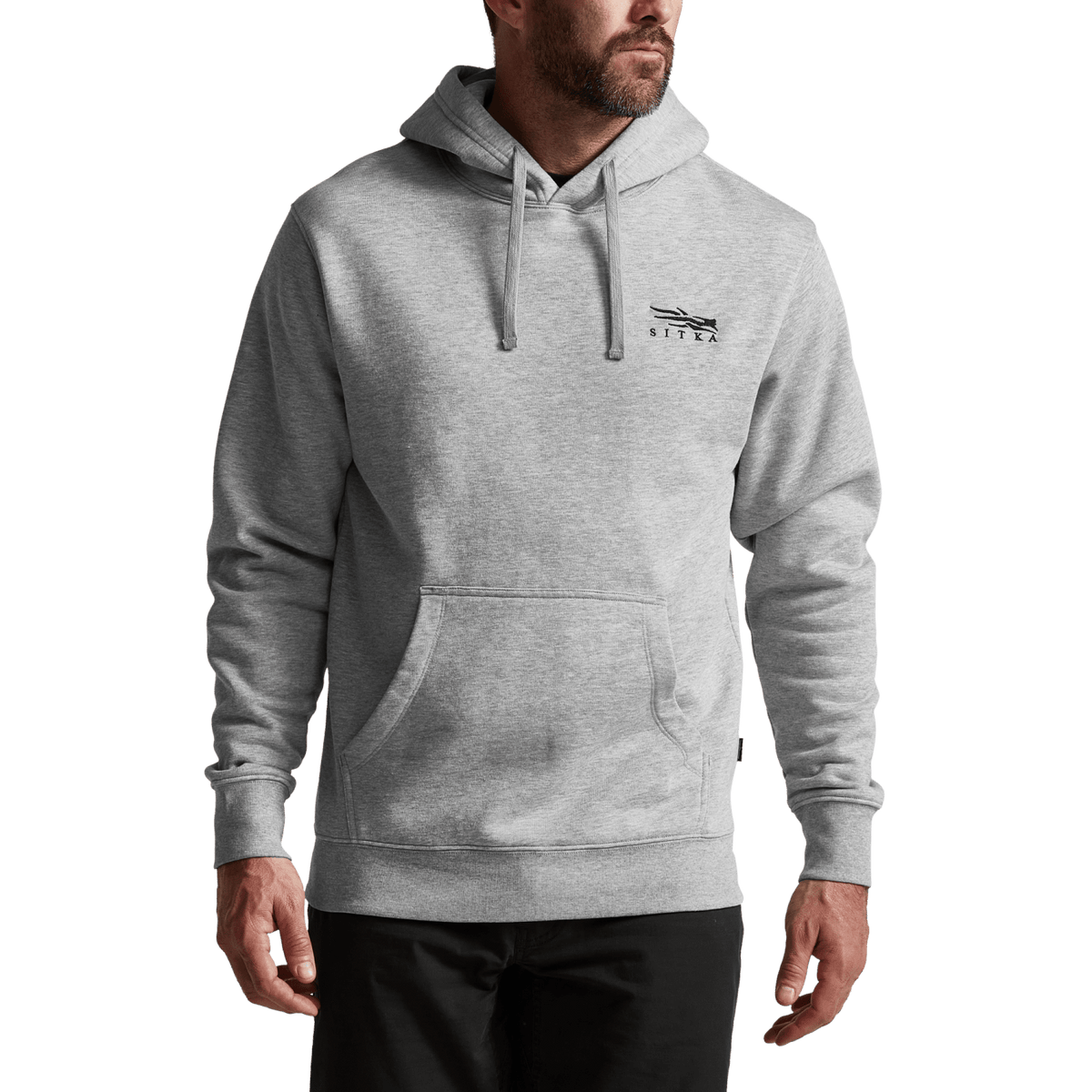 Heather grey pullover hoodie on model, hood with drawstrings and front pocket