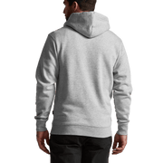 Heather grey pullover hoodie shown from back, with hood and front pouch pocket