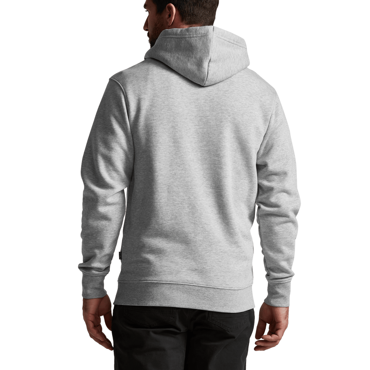 Heather grey pullover hoodie shown from back, with hood and front pouch pocket