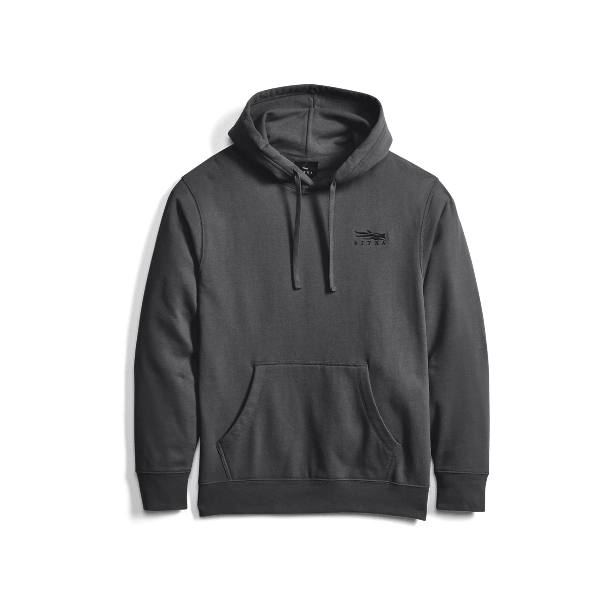 Dark gray pullover hoodie with attached hood, drawstring, and kangaroo pocket