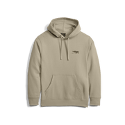 Light tan pullover hoodie with hood drawstrings and front kangaroo pocket