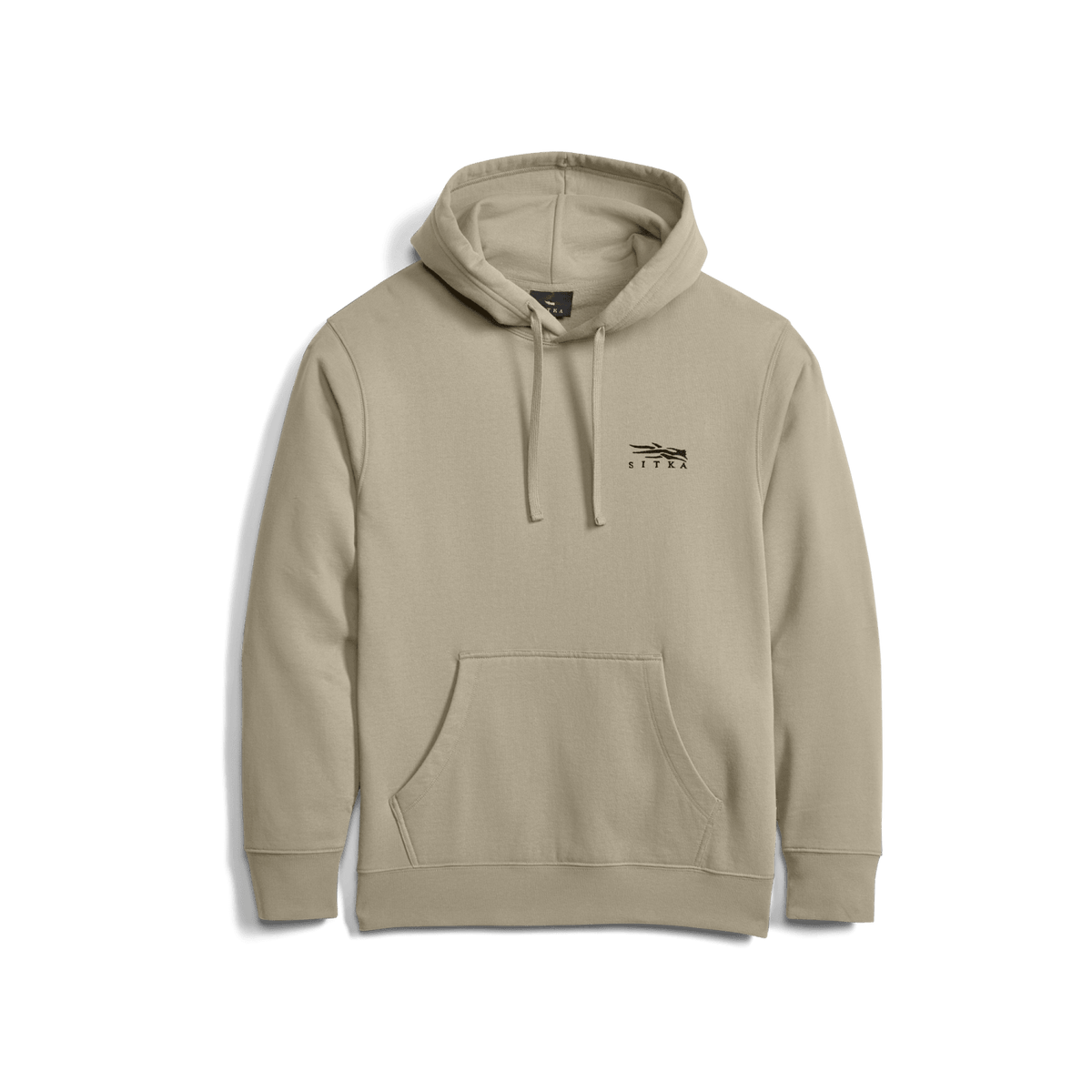 Light tan pullover hoodie with hood drawstrings and front kangaroo pocket