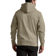 Gray-green pullover hoodie with hood, back view, ribbed cuffs and hem.