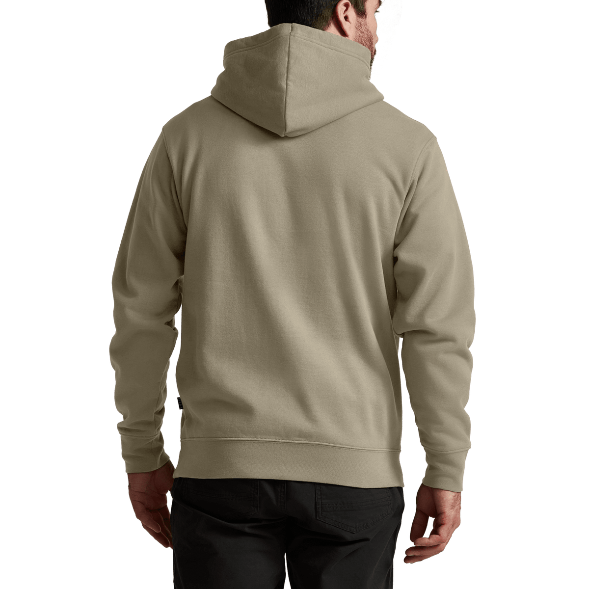 Gray-green pullover hoodie with hood, back view, ribbed cuffs and hem.