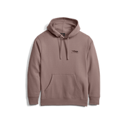 Taupe pullover hoodie front view; hood drawstrings and kangaroo pocket, Sitka logo