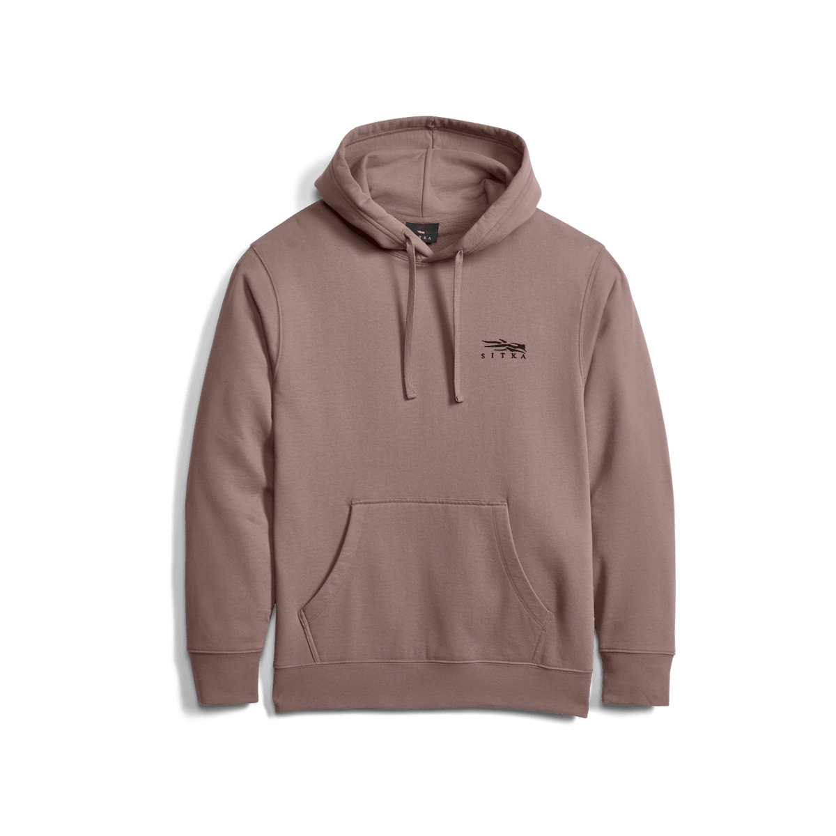 Taupe pullover hoodie front view; hood drawstrings and kangaroo pocket, Sitka logo