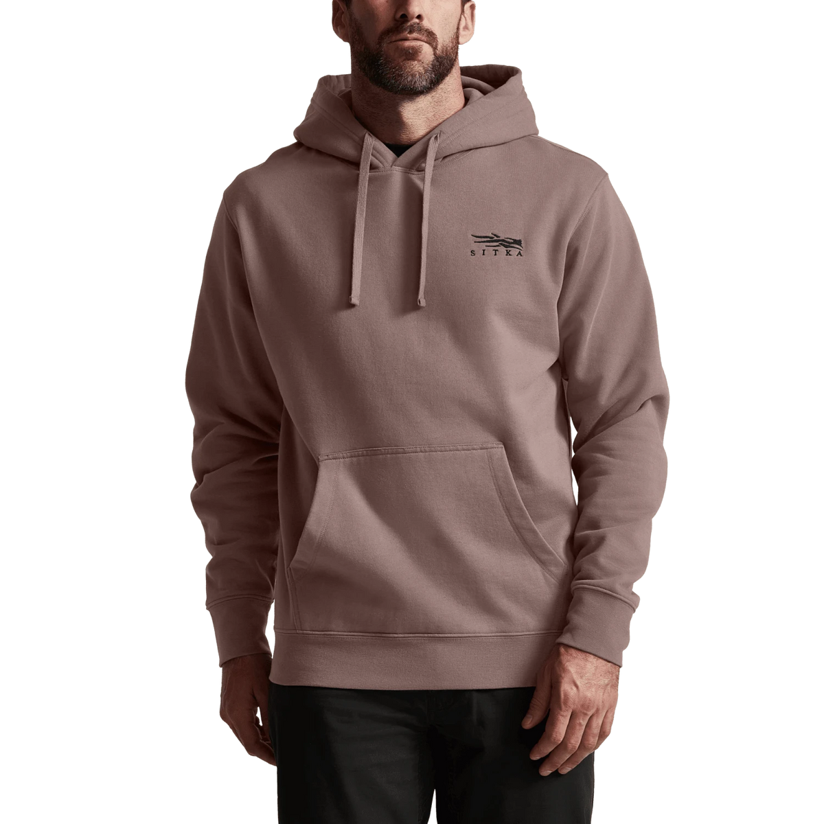 Taupe pullover hoodie with hood, drawstrings, kangaroo pocket; Sitka logo