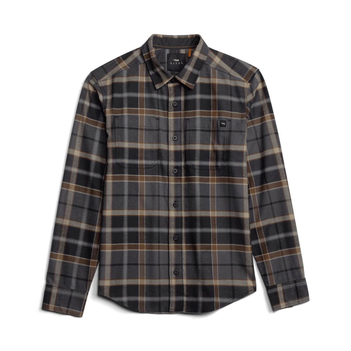 Lightweight plaid flannel shirt, dark gray/khaki plaid, button-front, chest pocket