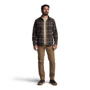 Lightweight flannel shirt in black and tan plaid with button front and chest pocket