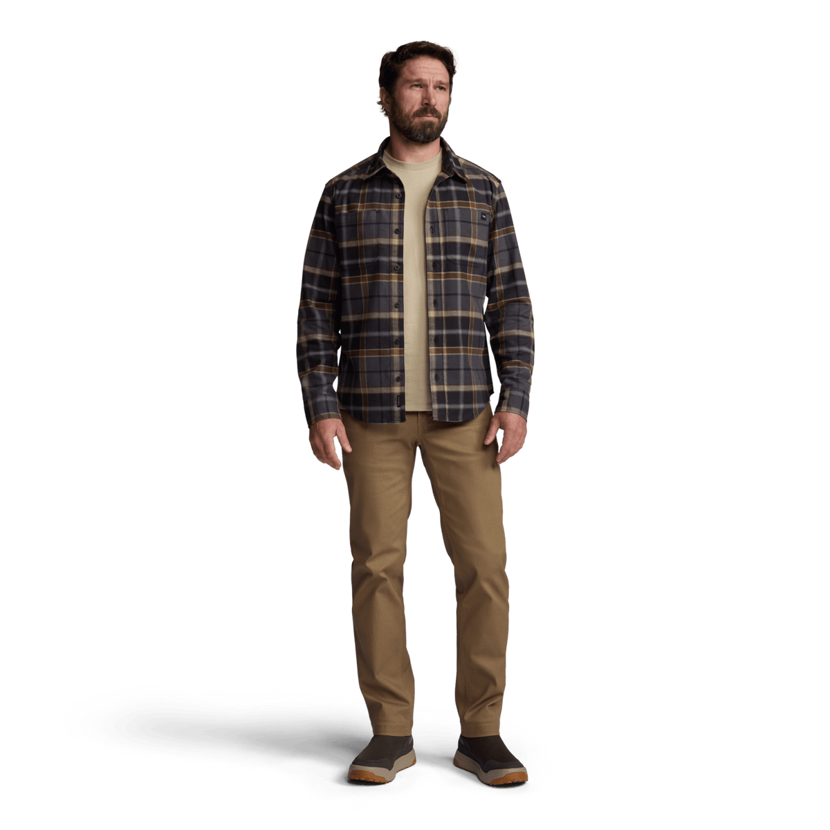 Lightweight flannel shirt in black and tan plaid with button front and chest pocket