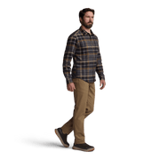 Lightweight flannel shirt in black and tan plaid, long sleeves, button-front closure