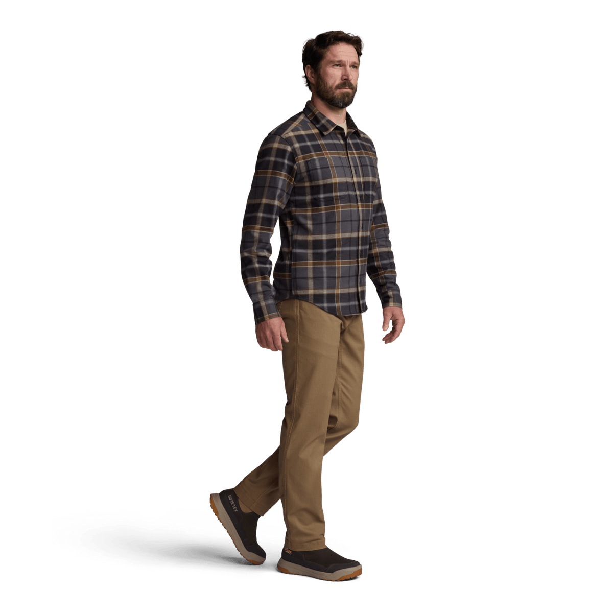 Lightweight flannel shirt in black and tan plaid, long sleeves, button-front closure