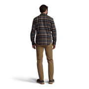 Lightweight flannel shirt in dark plaid, viewed from back, with button-front closure.
