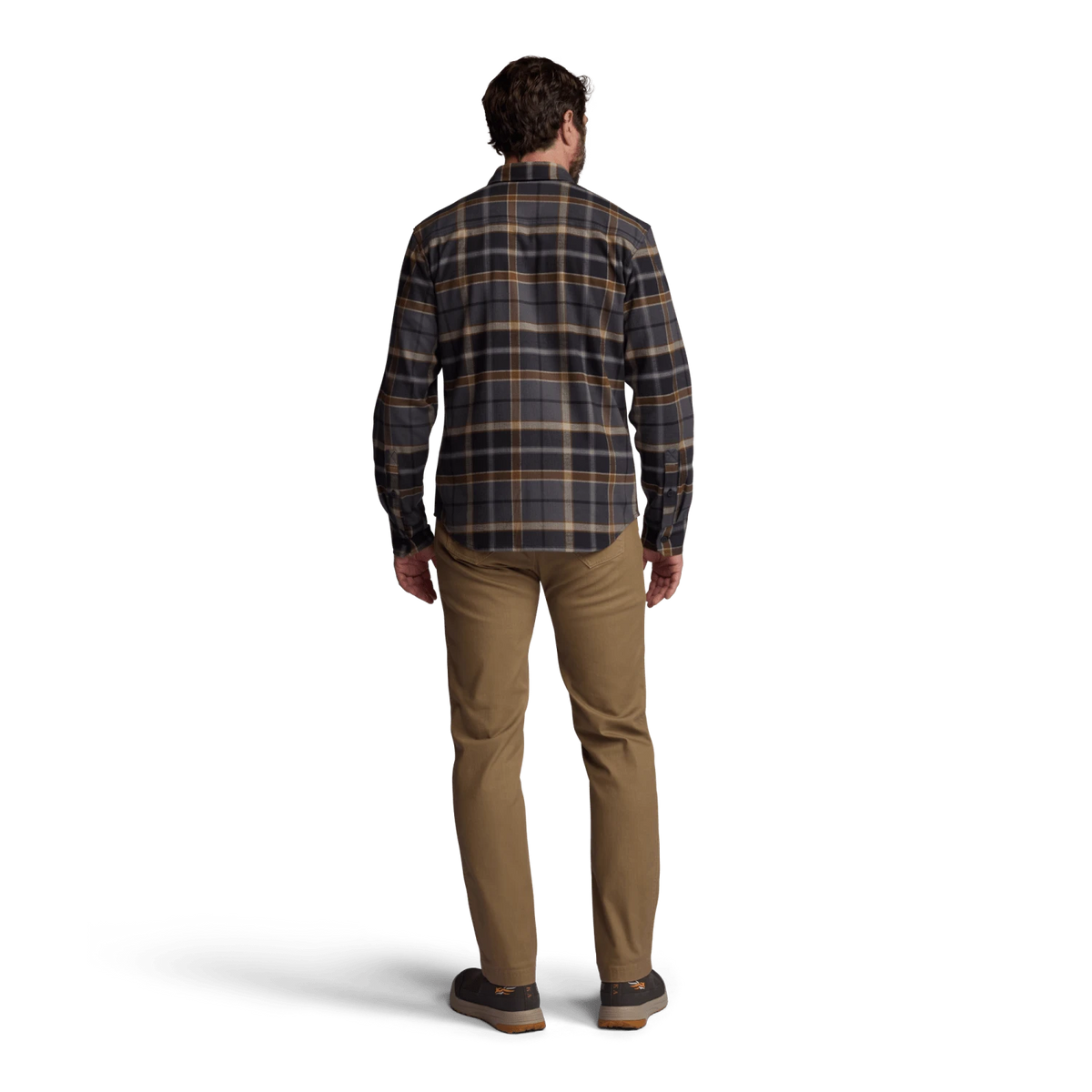 Lightweight flannel shirt in dark plaid, viewed from back, with button-front closure.