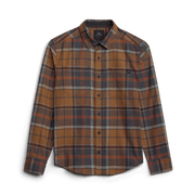 Lightweight flannel shirt in orange plaid with blue stripes, button-front closure and chest pocket