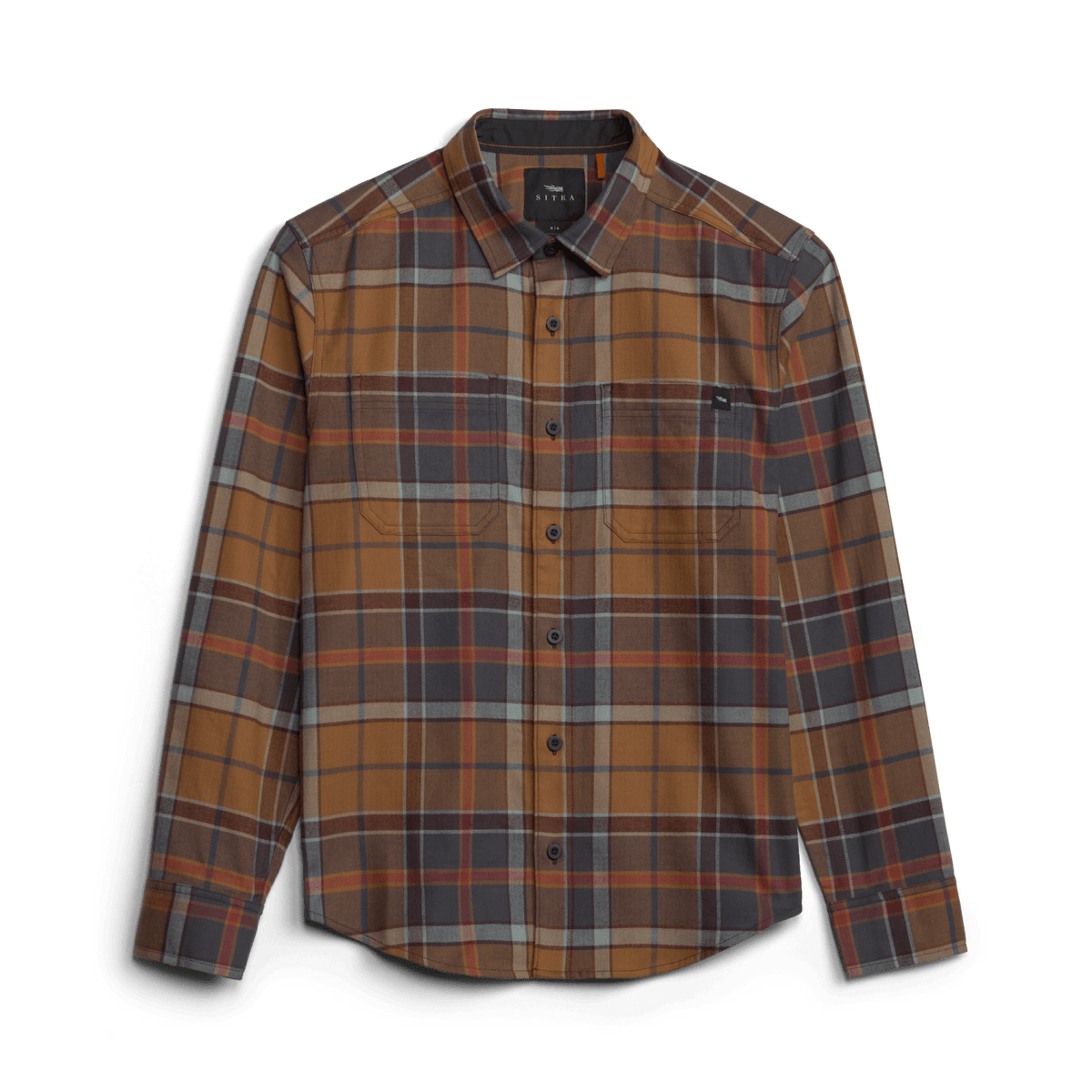 Lightweight flannel shirt in orange plaid with blue stripes, button-front closure and chest pocket