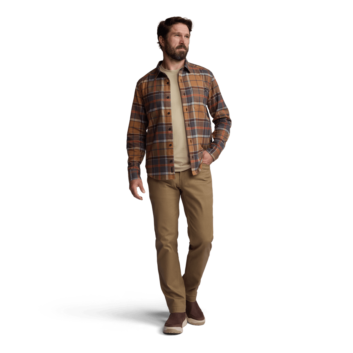 Lightweight plaid flannel shirt, tan and blue plaid, button-front, chest pocket