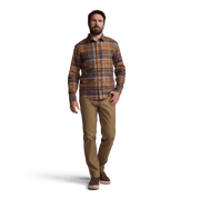 Lightweight flannel shirt in orange and blue plaid with button front and chest pocket