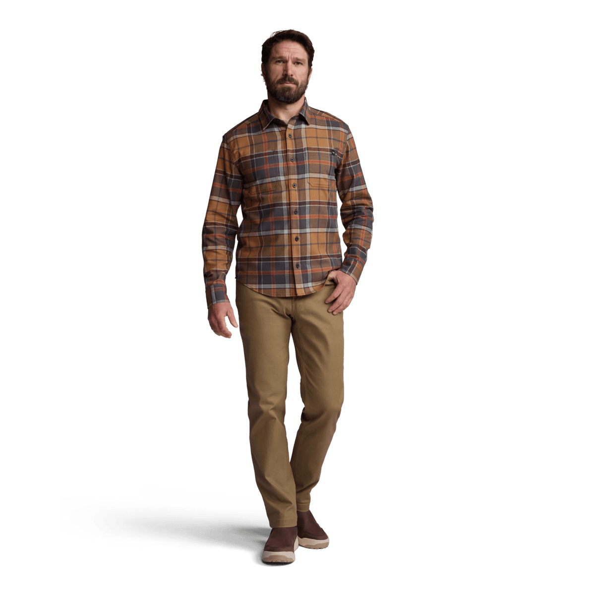 Lightweight flannel shirt in orange and blue plaid with button front and chest pocket