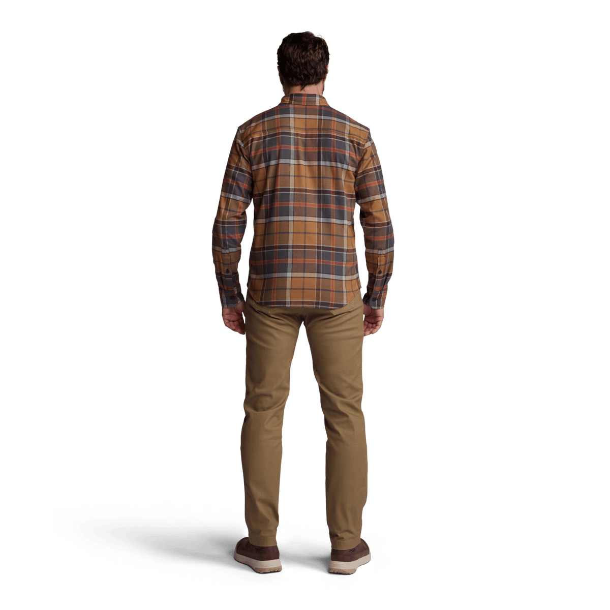 Ashland lightweight flannel shirt back view in brown plaid with long sleeves