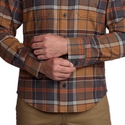 Ashland lightweight flannel shirt in brown and blue plaid, button front and cuffs