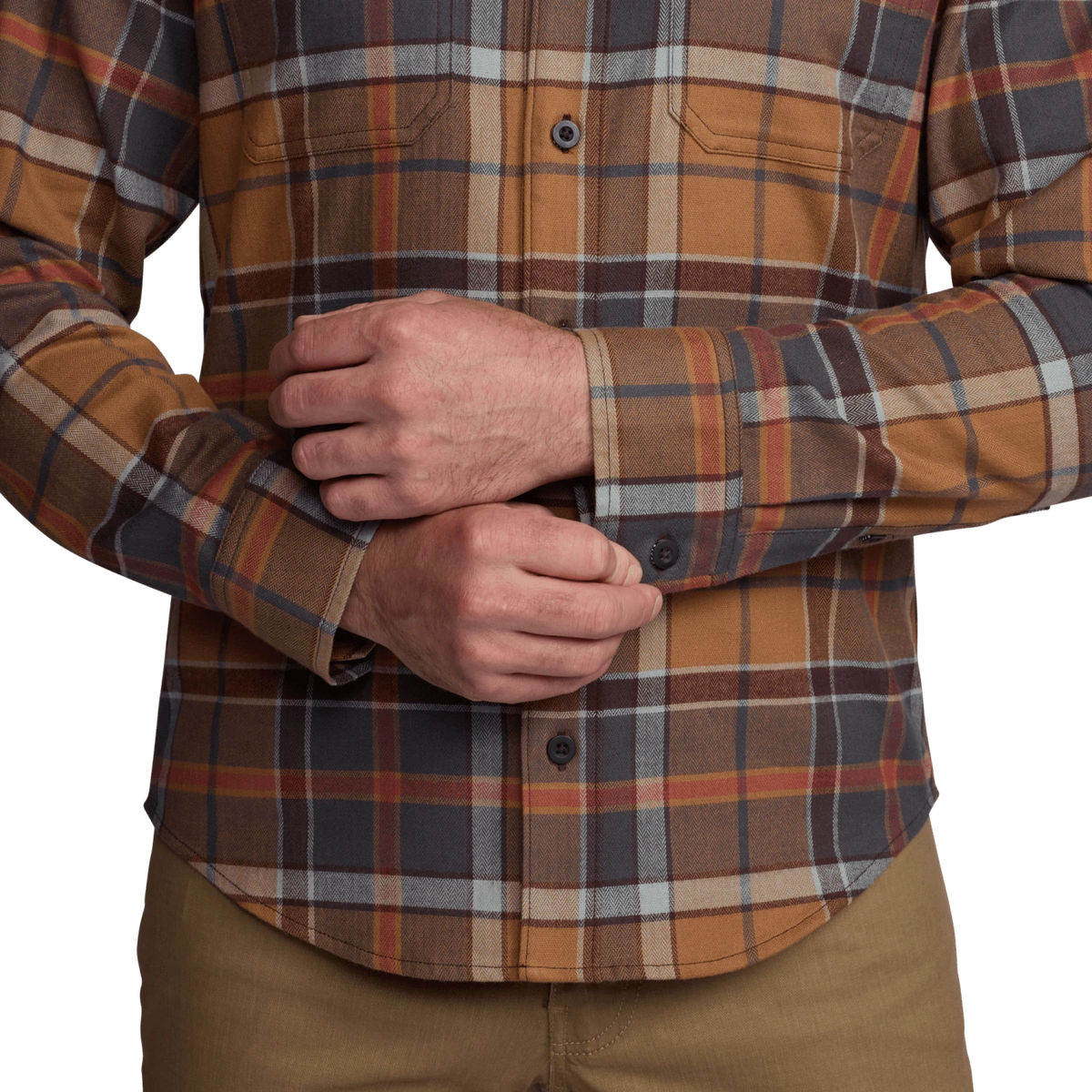 Ashland lightweight flannel shirt in brown and blue plaid, button front and cuffs