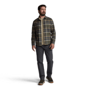 Lightweight plaid flannel shirt, dark olive/mustard, button-front, chest pocket