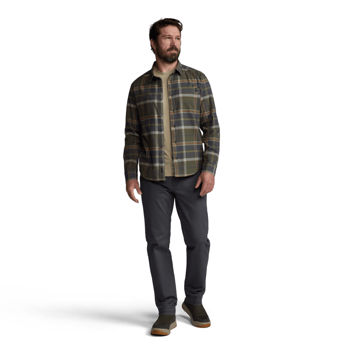 Lightweight plaid flannel shirt, dark olive/mustard, button-front, chest pocket