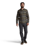 Ashland lightweight flannel shirt in dark green plaid, worn with dark pants