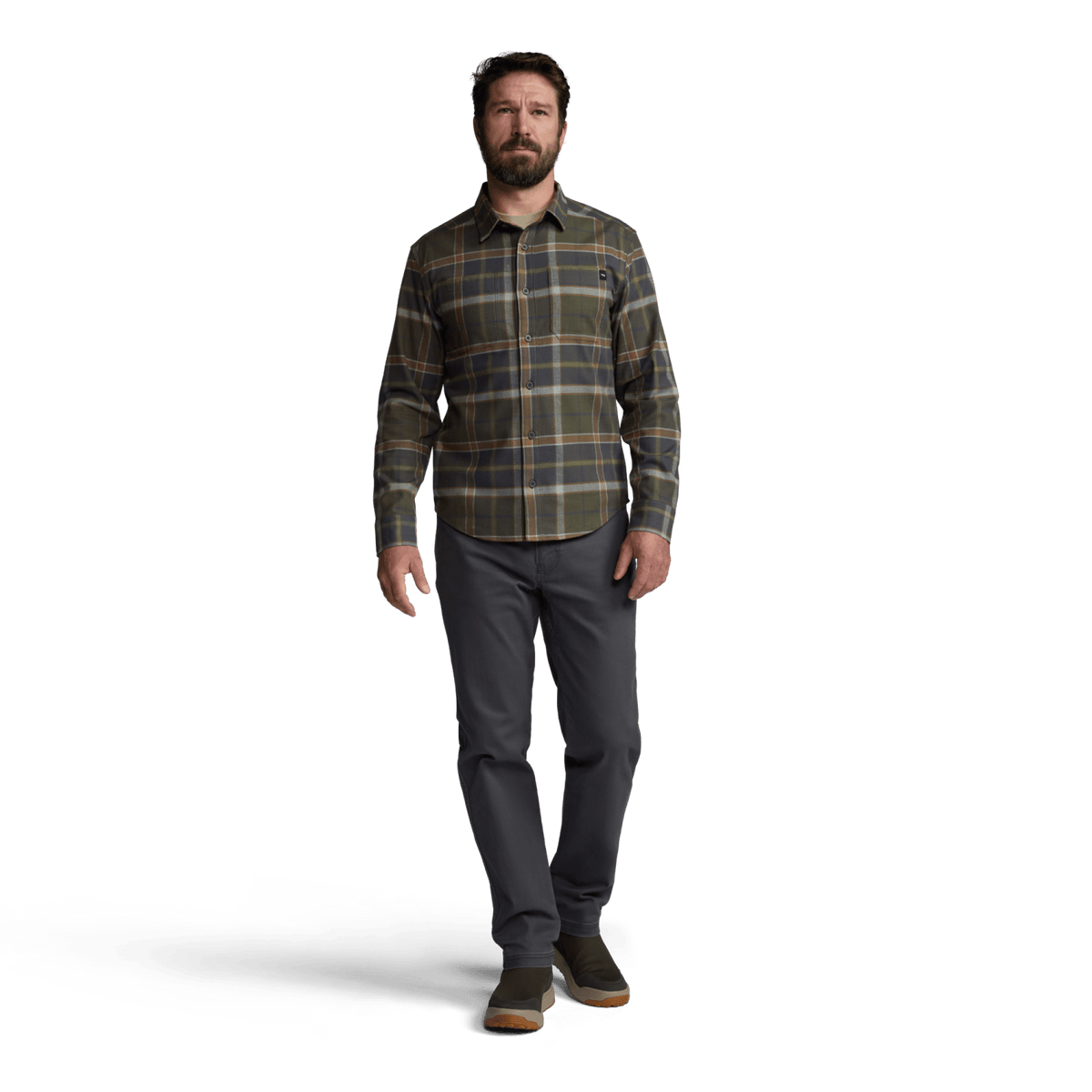 Ashland lightweight flannel shirt in dark green plaid, worn with dark pants
