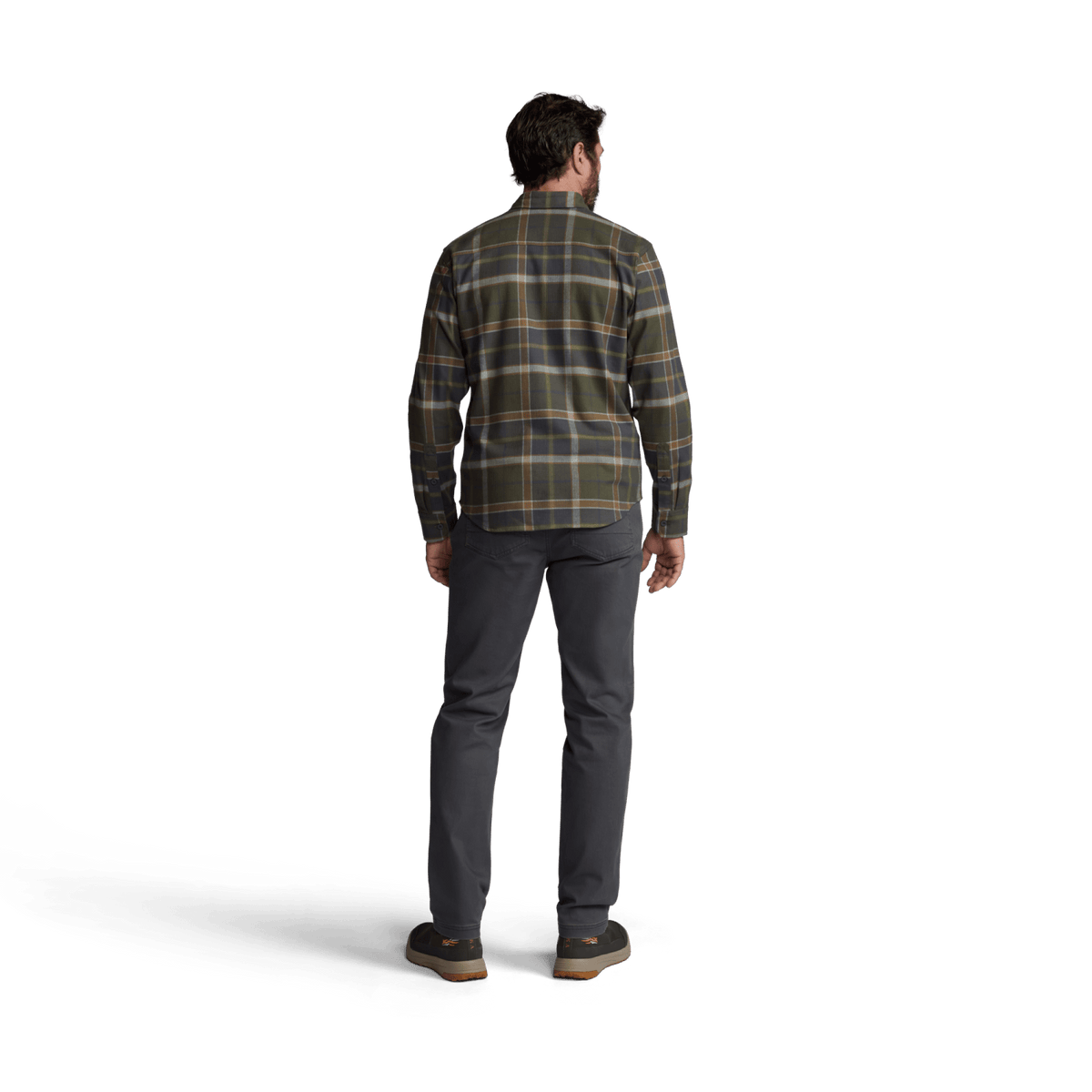 Ashland lightweight flannel shirt back view in dark green plaid, long sleeves