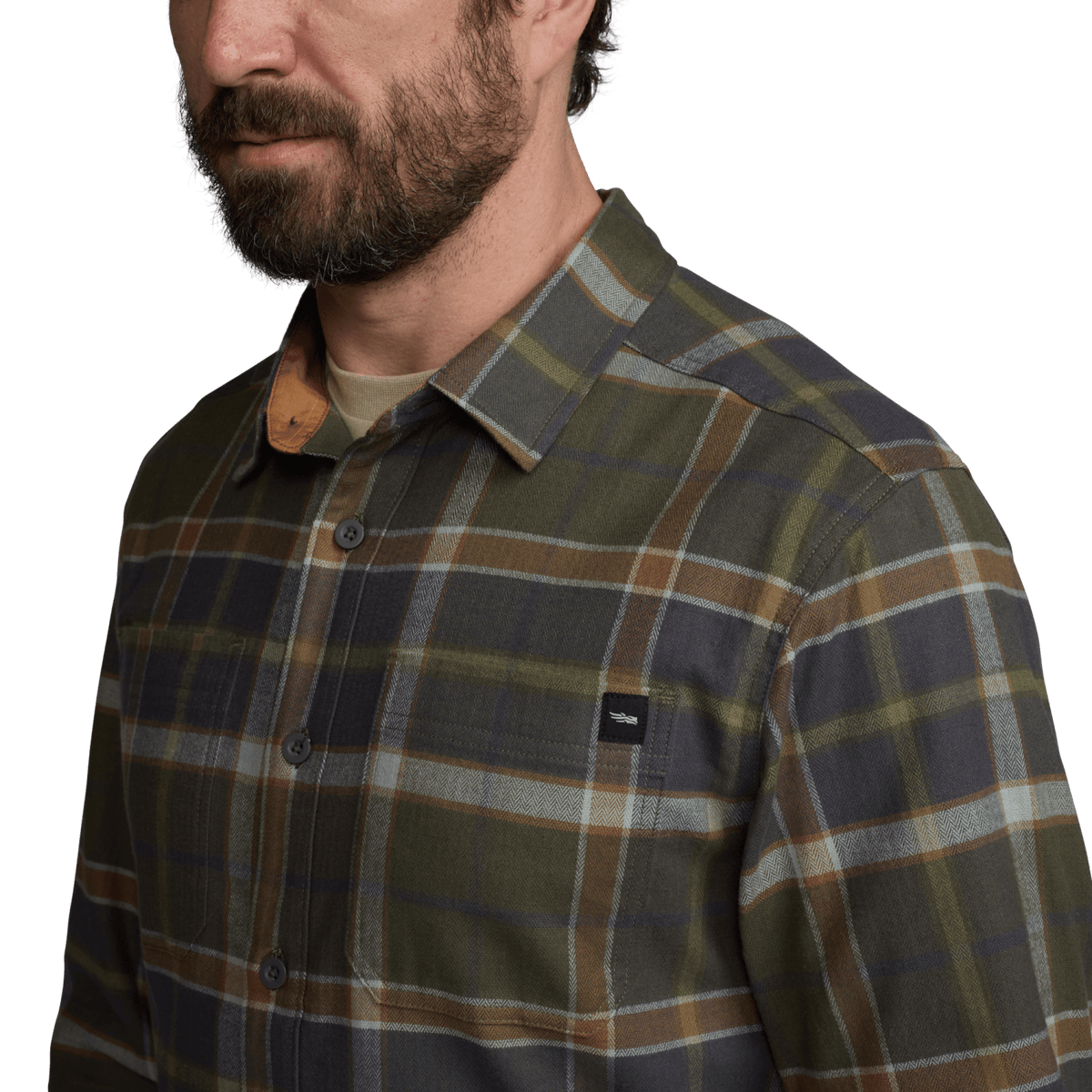 Lightweight plaid flannel shirt close-up, olive/gray plaid, button-front, chest pocket