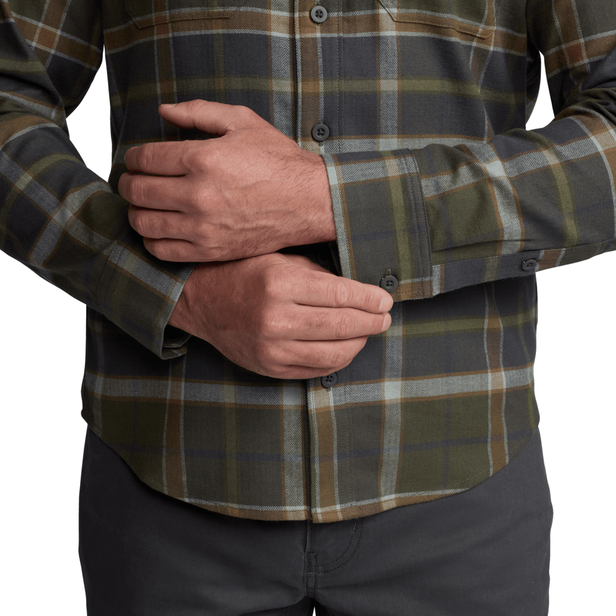 Ashland lightweight flannel shirt close-up of brown plaid buttons and cuffs
