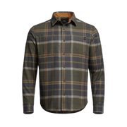 Lightweight flannel shirt in dark green and gray plaid with button-front closure.