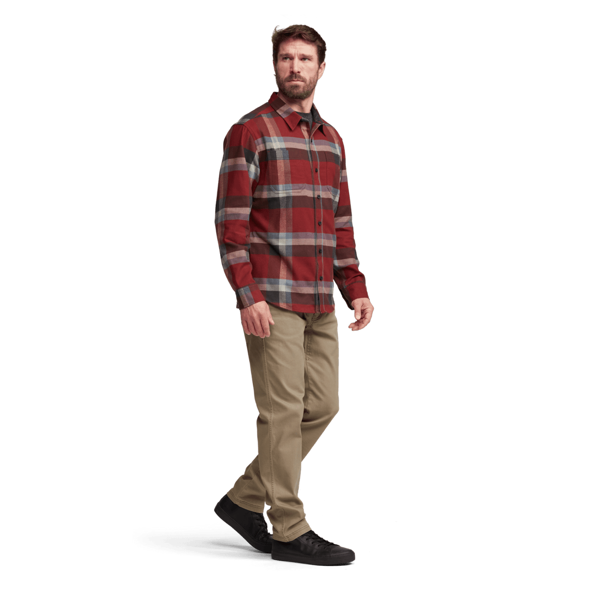 Lightweight plaid flannel shirt, red plaid, button-front, long sleeves, chest pocket