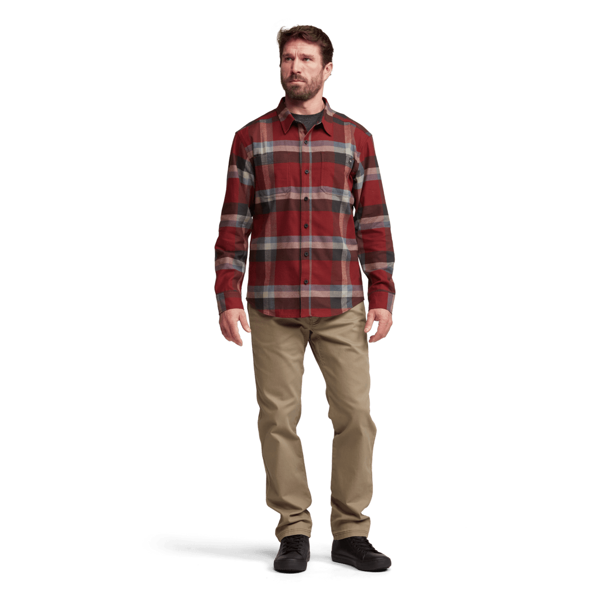 Ashland lightweight flannel shirt in red plaid with long sleeves and chest button pocket