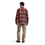 Back view of lightweight flannel plaid shirt in red and tan with straight hem