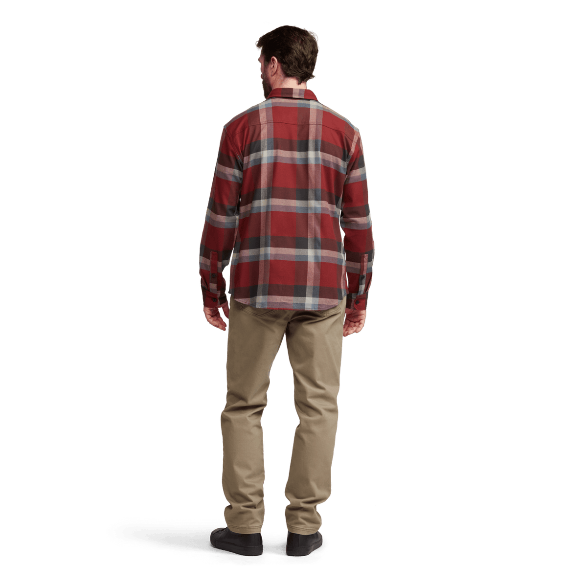 Back view of lightweight flannel plaid shirt in red and tan with straight hem