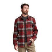 Lightweight flannel shirt in red and gray plaid with button-front closure.