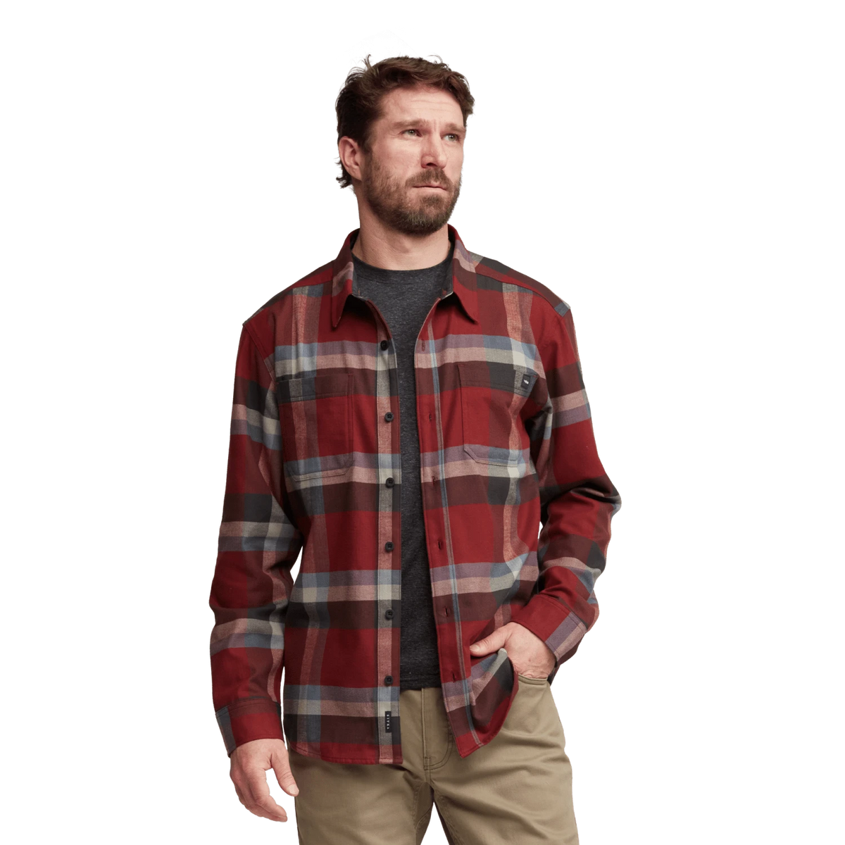 Lightweight flannel shirt in red and gray plaid with button-front closure.