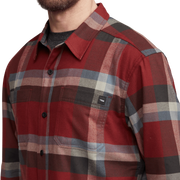 Close-up of lightweight flannel plaid shirt in burgundy, gray, and tan with button-down collar
