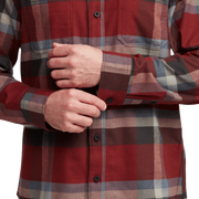Lightweight flannel shirt in red plaid with button front and chest pocket