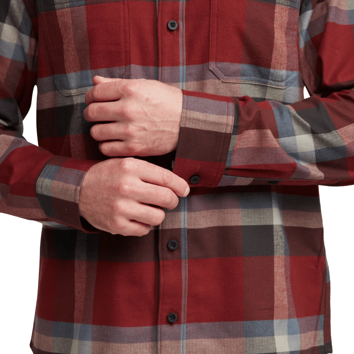 Lightweight flannel shirt in red plaid with button front and chest pocket