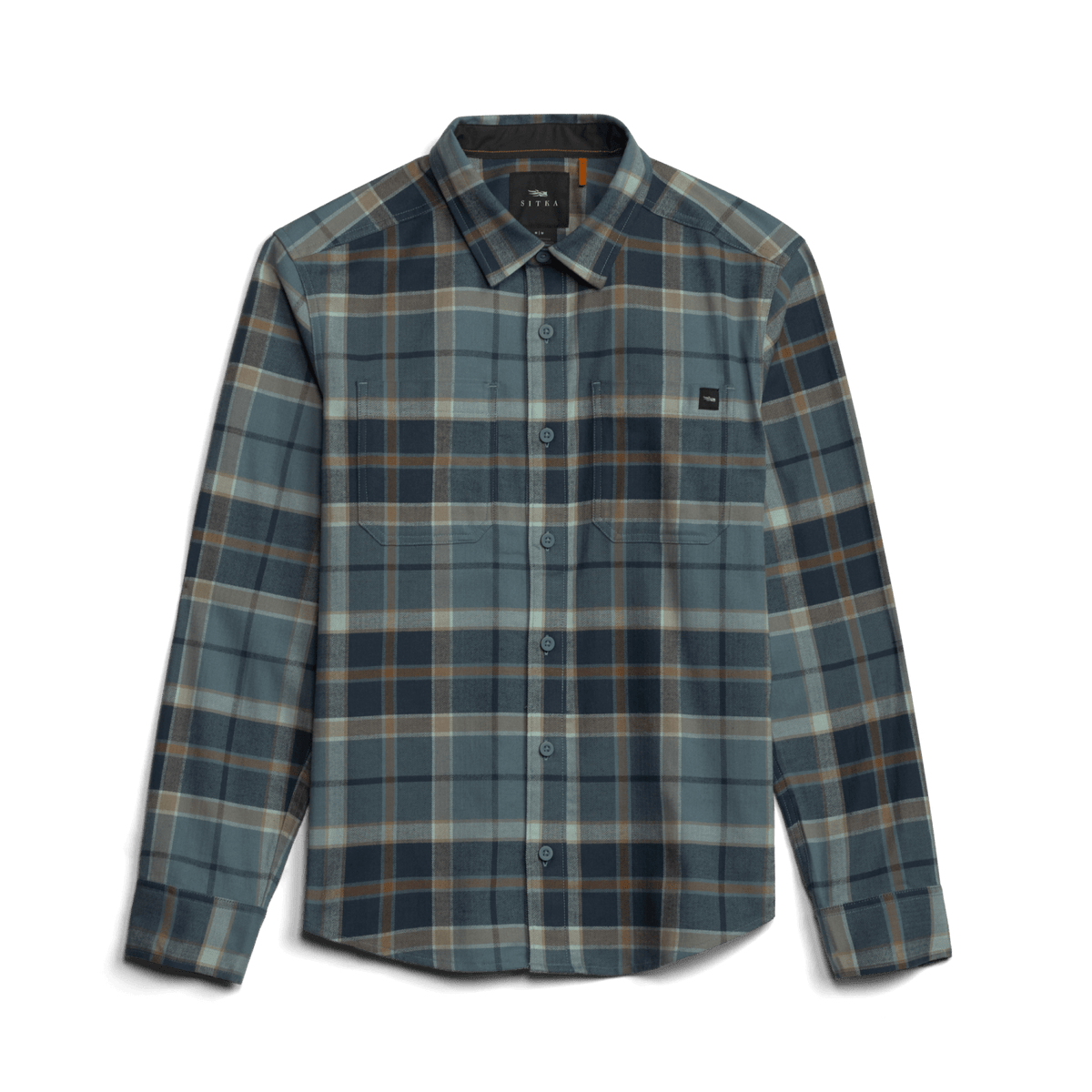 Blue plaid lightweight flannel button-up shirt with spread collar and chest pocket