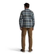 Lightweight flannel shirt in blue plaid, back view with buttoned yoke