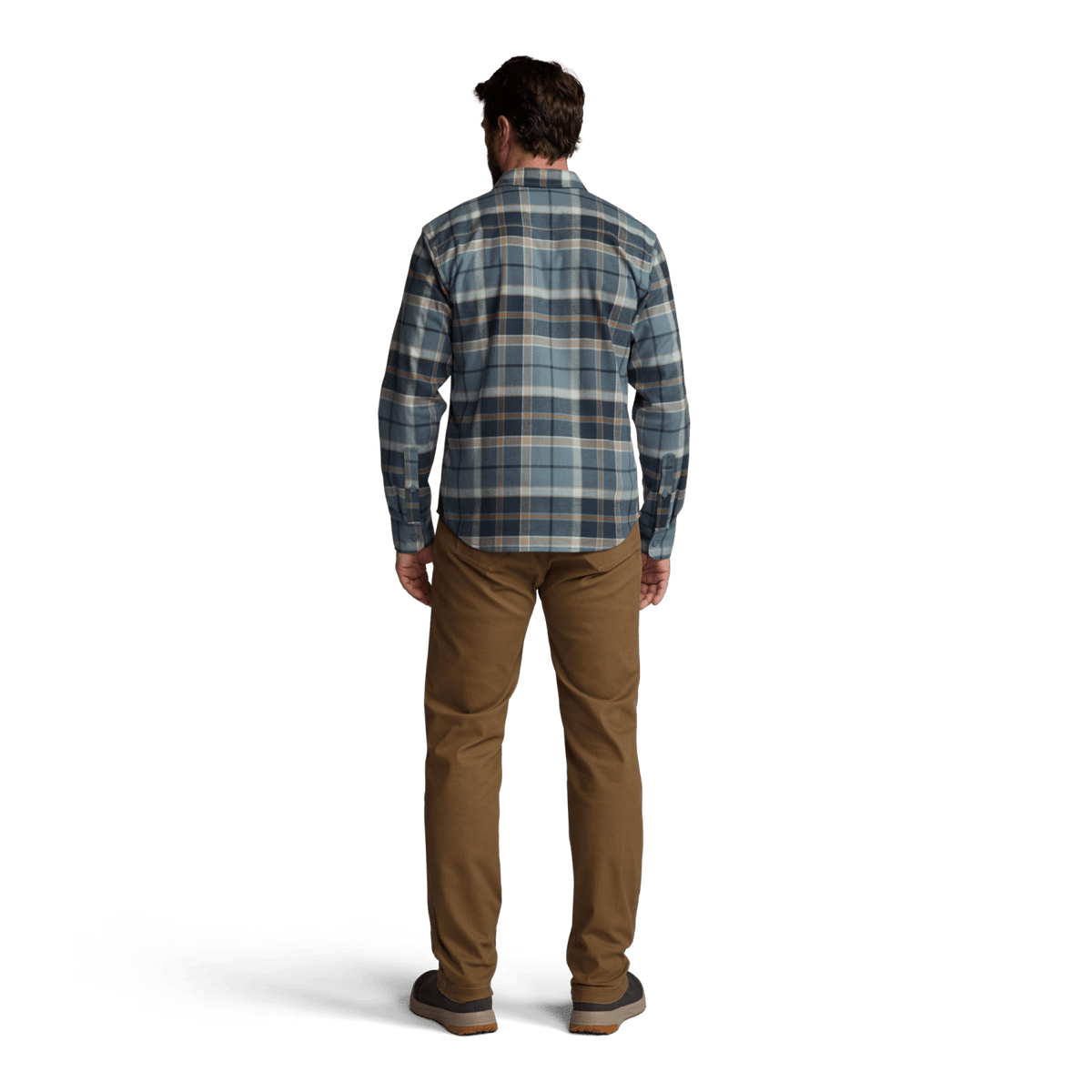 Lightweight flannel shirt in blue plaid, back view with buttoned yoke