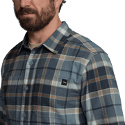 Lightweight flannel shirt in blue plaid, button-up front with chest pocket