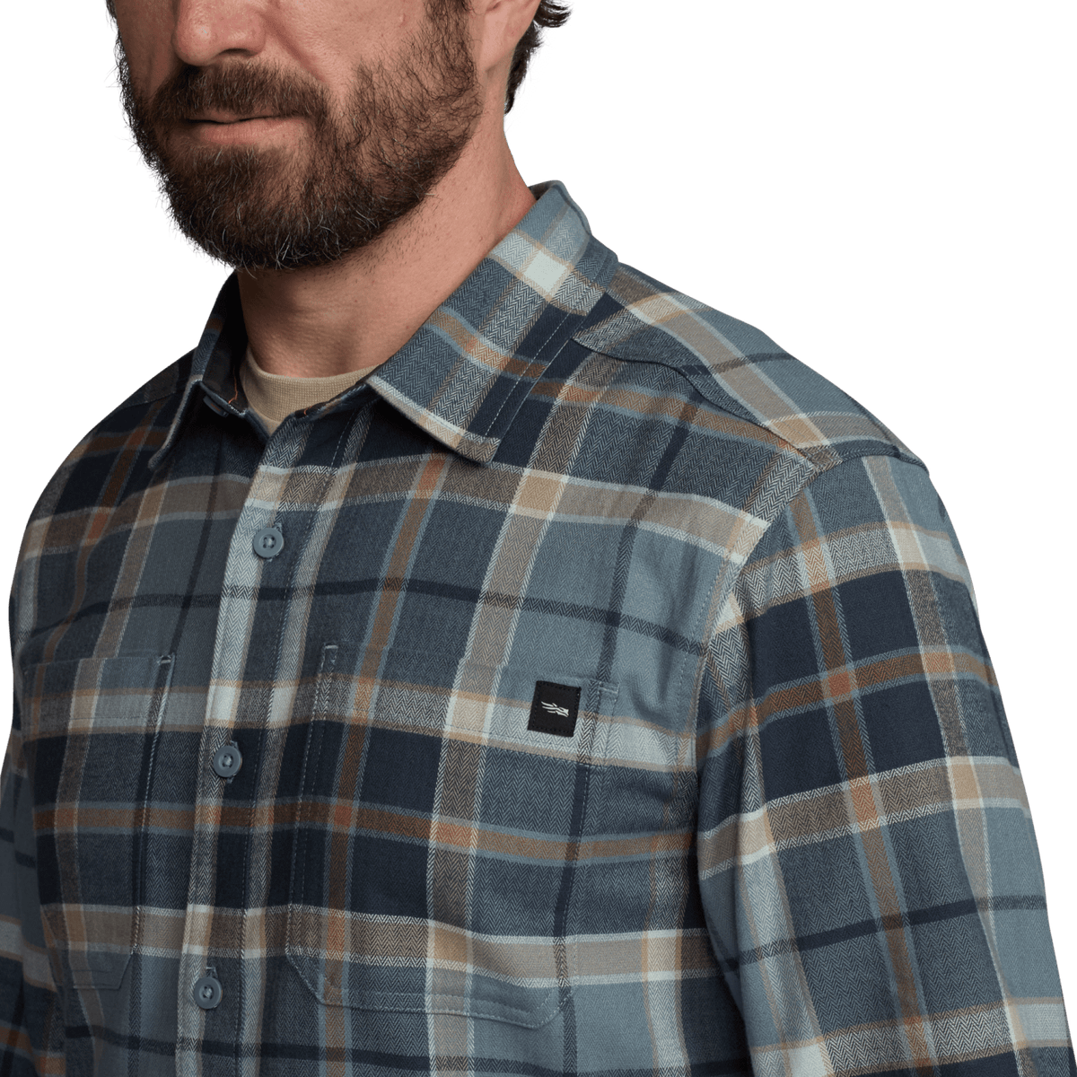 Lightweight flannel shirt in blue plaid, button-up front with chest pocket