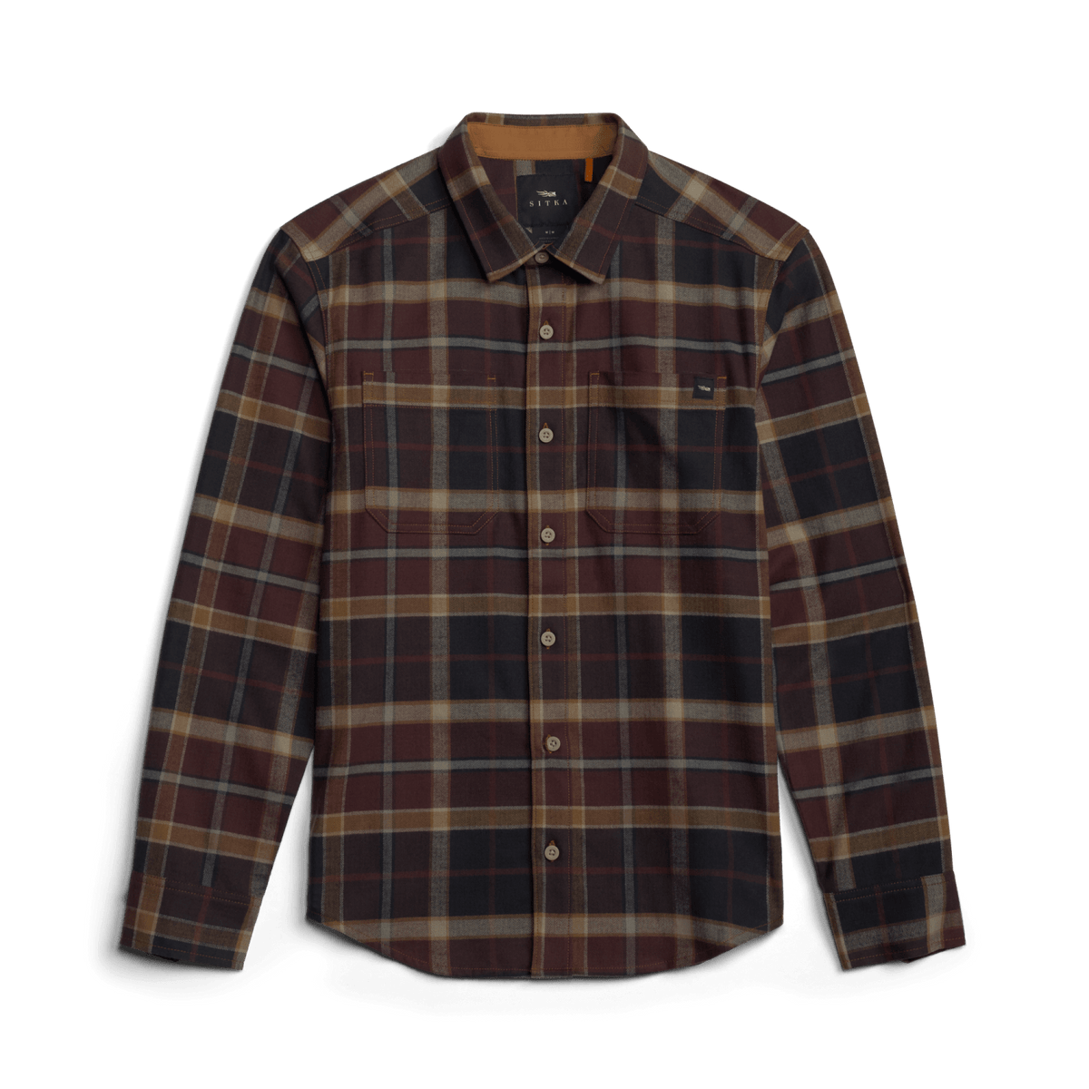 Lightweight plaid flannel button-up shirt with point collar and long sleeves