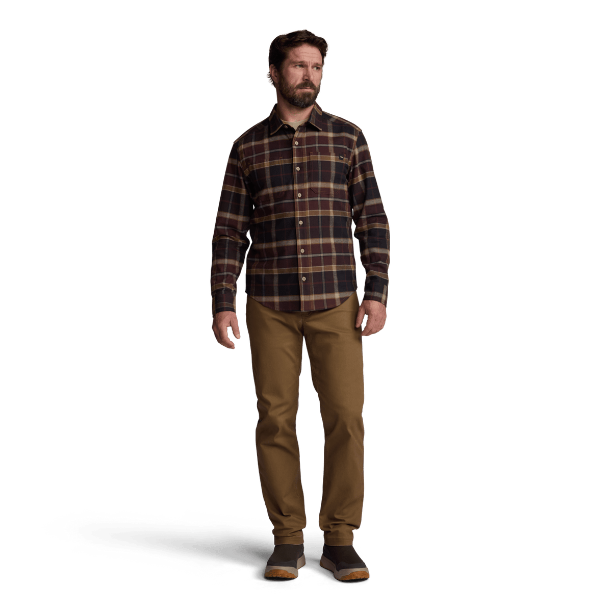 Men's lightweight plaid flannel button-up shirt, long sleeves, front pockets